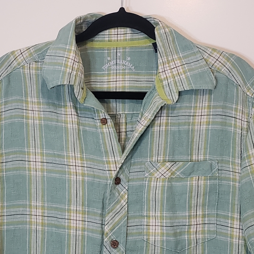 Tommy Bahama Linen 100% Shirt Plaid Button Up Short Sleeve Size Medium Green - Picture 2 of 14